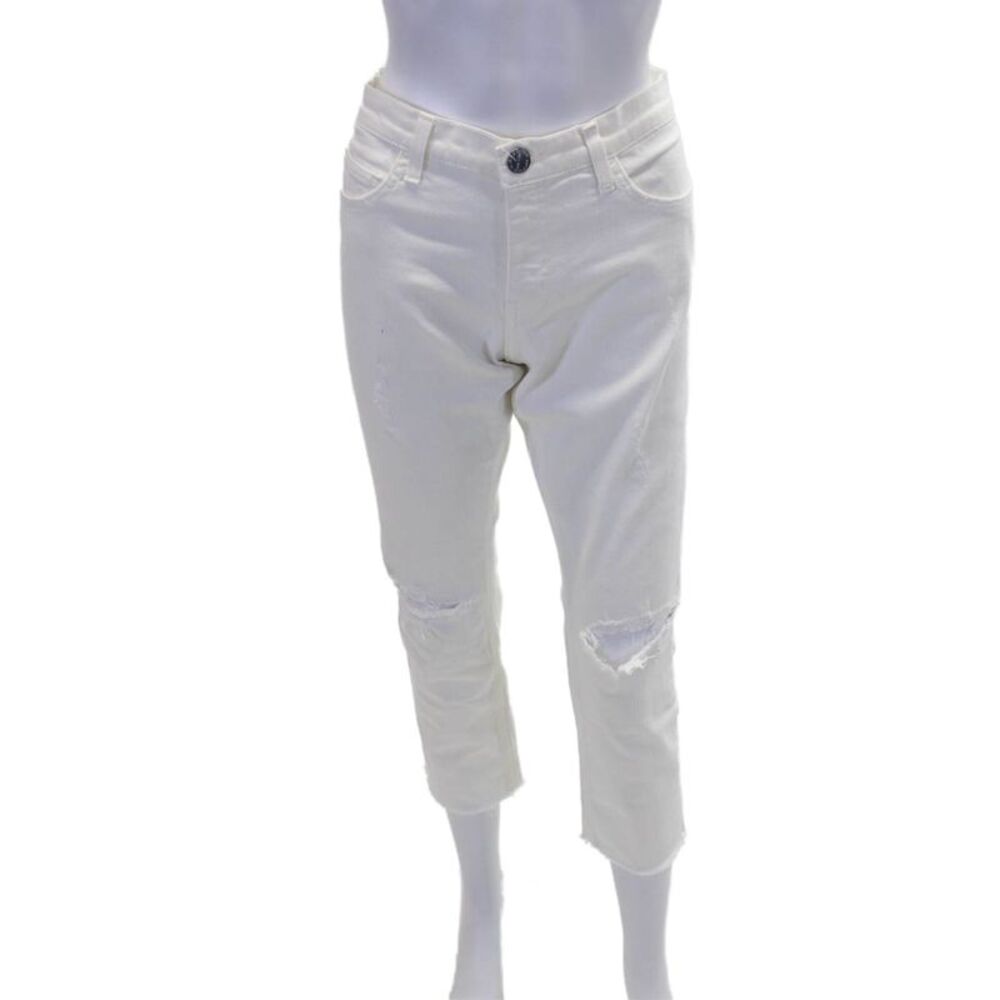 Current/Elliott Womens The Cropped Straight Leg Ripped Jeans White Cotton Size 2